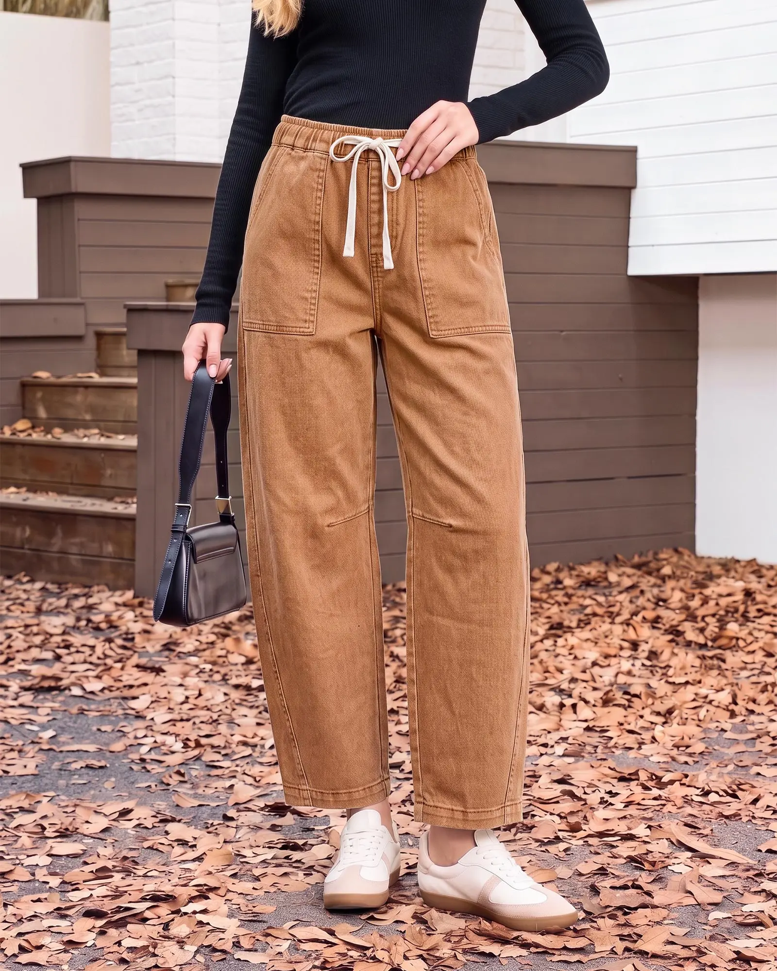 【NEW】GRAPENT Women's Baggy Barrel Denim Pants, High Waisted Stretch Waist Cotton Blend, Drawstring Pull On, 27.5" Inseam Ankle Length, Plain Look Side Seams, Machine Wash Dressy Casual Back to School Jeans