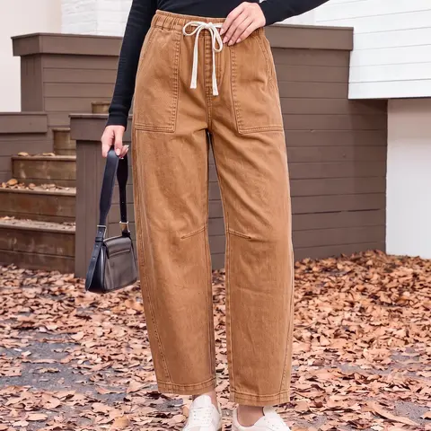 【NEW】GRAPENT Women's High-Waist Barrel Leg Denim Pants, Stretch Waist Cotton Blend, Drawstring Pull-On, 27.5" Inseam Ankle-Length, Plain Side Seams, Machine-Washable Baggy Fit Jean for Back to School Casual Street Wear