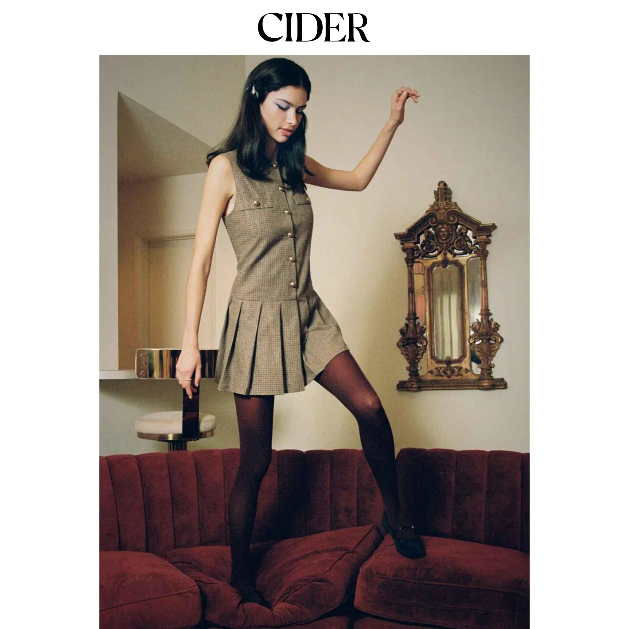 Cider [size 0-10] Collar Houndstooth Button Pleated Mini Dress SummerFinds