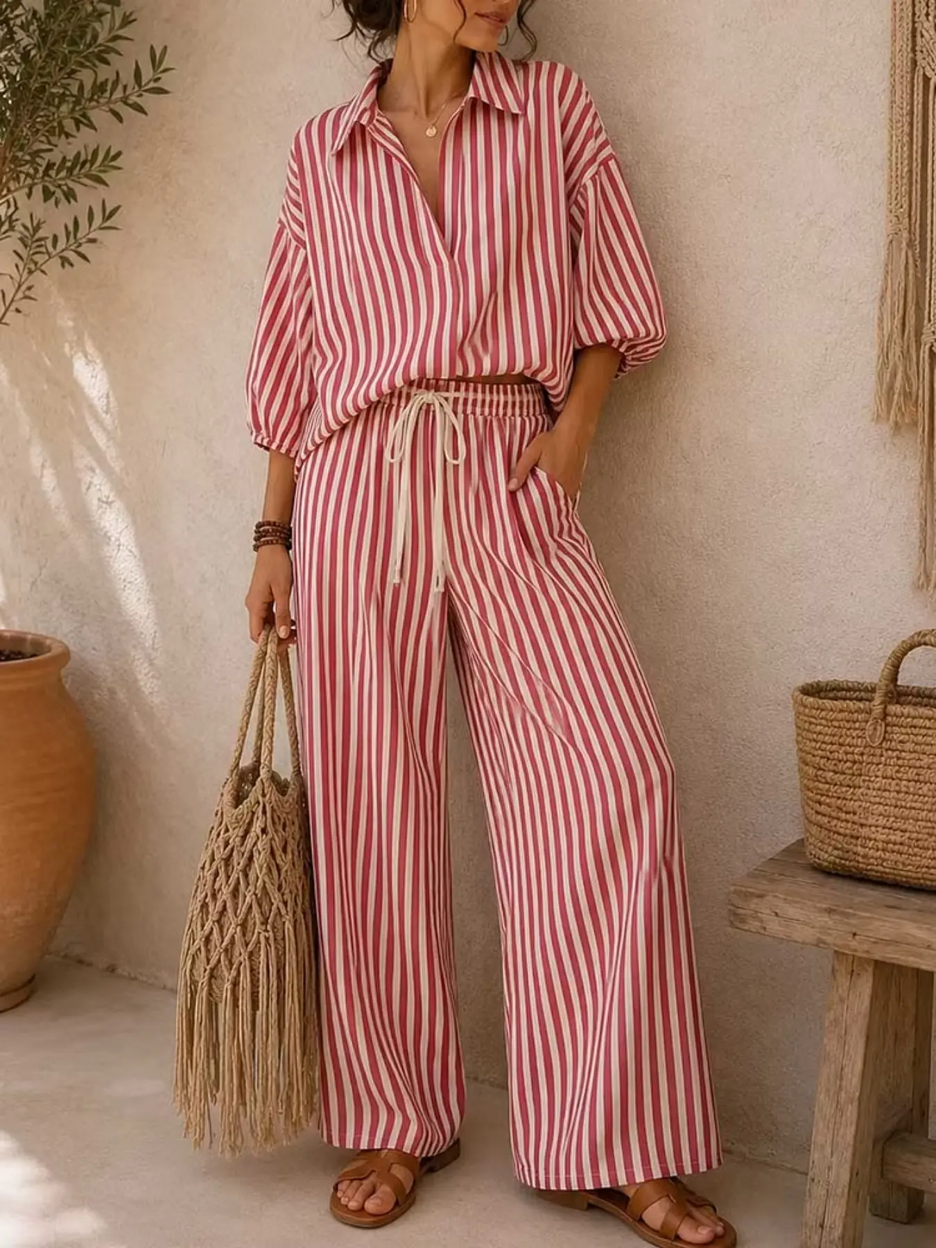 2026 European Women's Fall New Fashion Striped Long Sleeve Shirt Set, Loose Pants Two-Piece, Stylish Ladies Clothing