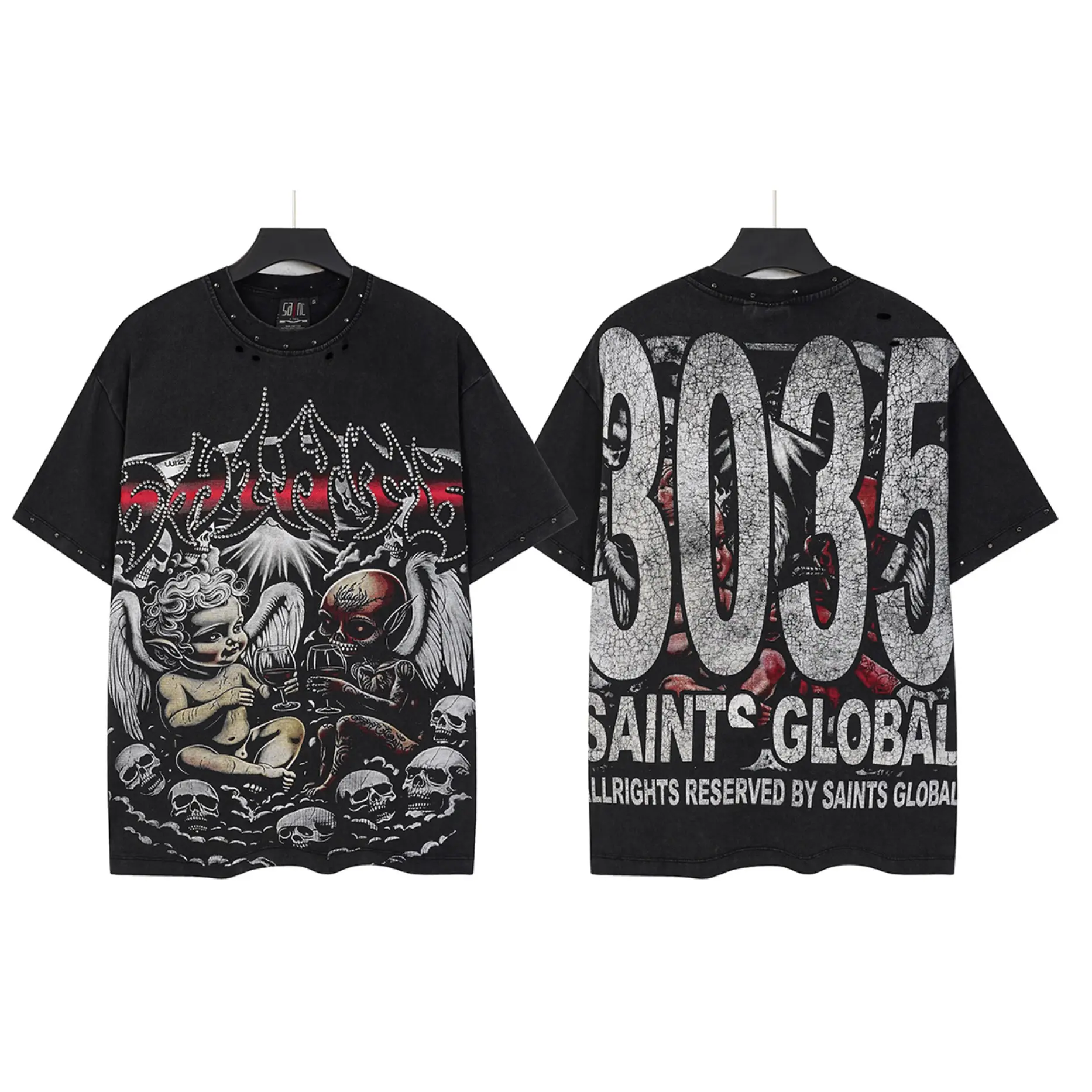 Saint Global 3035 Men's Shiny Double-Sided Devil-Angel Skull Rhinestone Graphic Short-Sleeve Oversized Cotton Tee, Vintage Washed Distressed Rivet Loose T-Shirt for 4th Of July Summer Hip Hop Street Style Sports Top, Hole