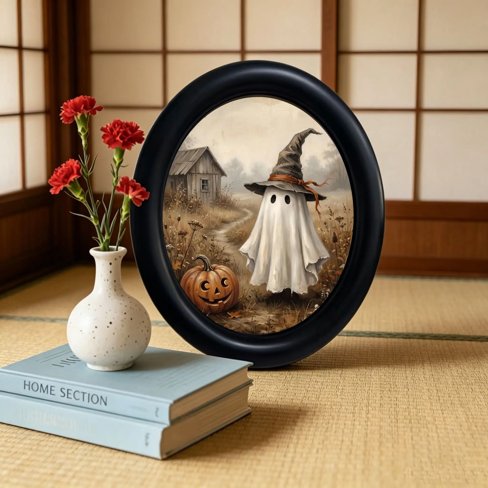 Vintage Witch Hat Ghost Frame, Foggy Countryside Hay Pumpkin Art, Matte Oval Frame, Healing Halloween Desk Decor, Picture Frames For Desk