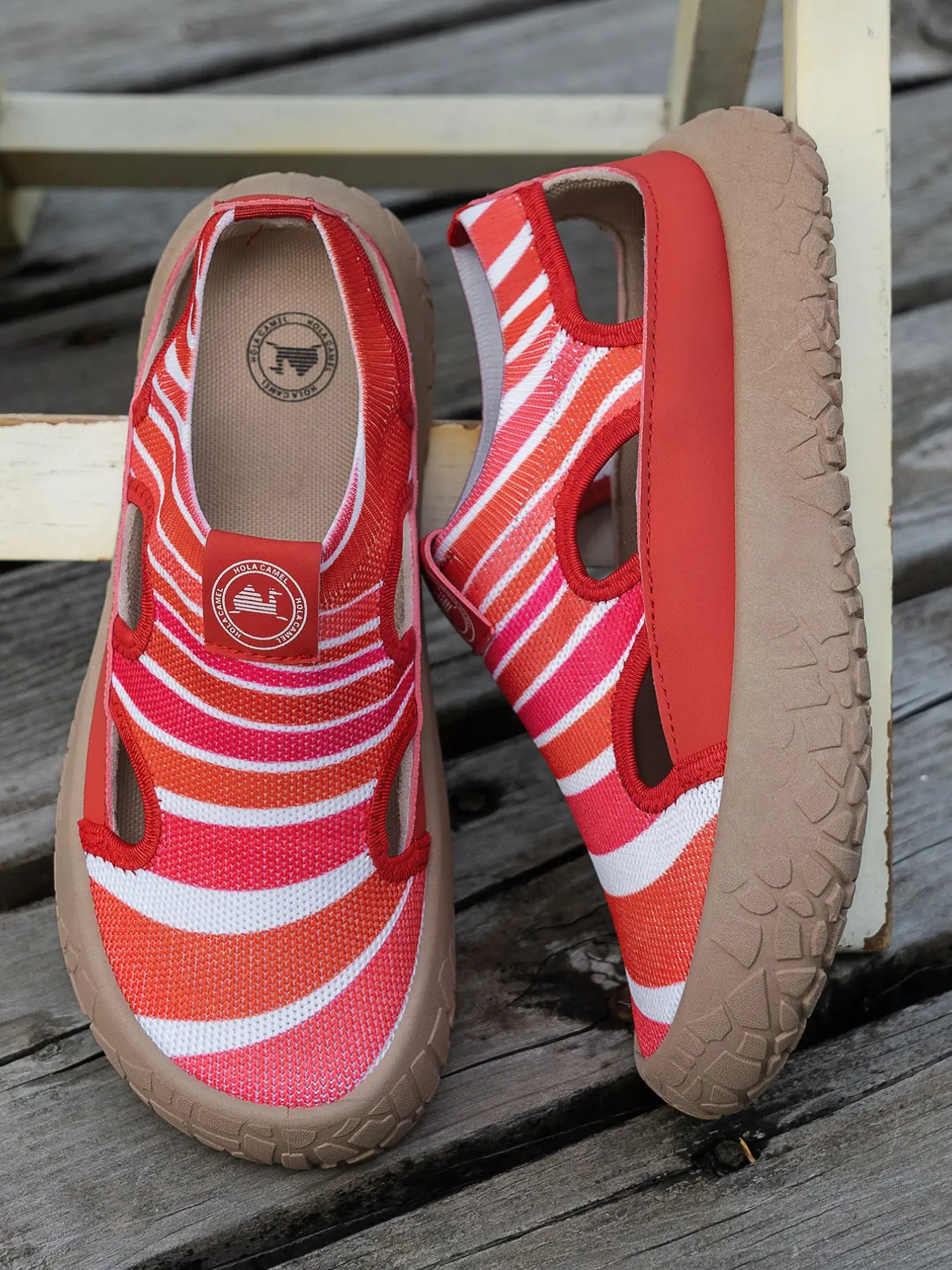 Women's Striped Hollow Out Flyknit Sports Sandals, Breathable Slides, Slide Design, Breathable Mesh Thick Sole, Anti-Slip Soft Bottom, Summer Beach Casual Shoes