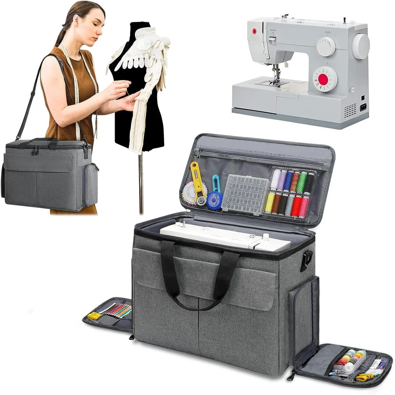 Universal Sewing Machine Carrying Case Tote Bag with Multiple Storage Pockets & Removable Thick Pad - Compatible with Most Standard Sewing Machines and Sewing Accessories