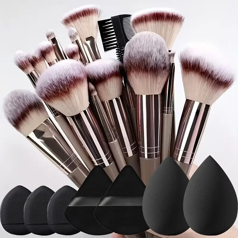 21-Piece Makeup Brush Set, 14 Brushes + 7 Sponges, Full Face Detail Brushes, Triangle Shape, Beginner & Professional Makeup Tools