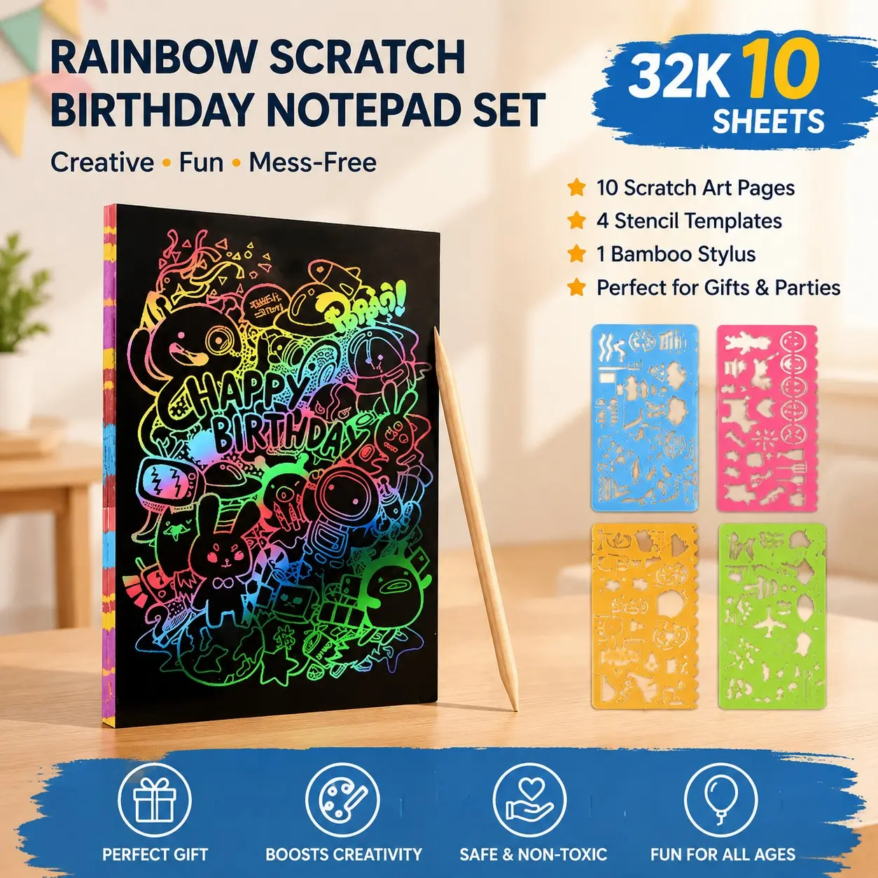10 Pieces 32k Random Style Bamboo Pen Magic Scratch Paper, Rainbow Craft Paper Set, Perfect Gift for Birthday, Holidays, Halloween, Christmas