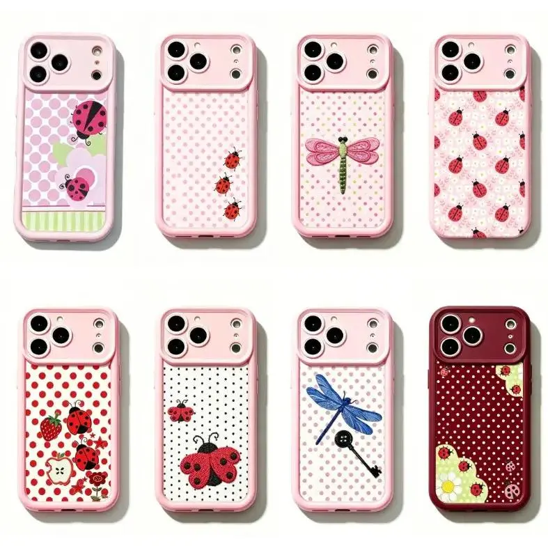 Whimsical Pink Garden Flower Ladybug Phone Casing, Cute Cottagecore Kawaii Cartoon Art Patchwork Polka Dot Design, Soft Durable TPU Protective Cover with Lens Protection, Compatible with iPhone 11-17 Pro Max, Ideal Gift for Her - Mobile Phone Accessories