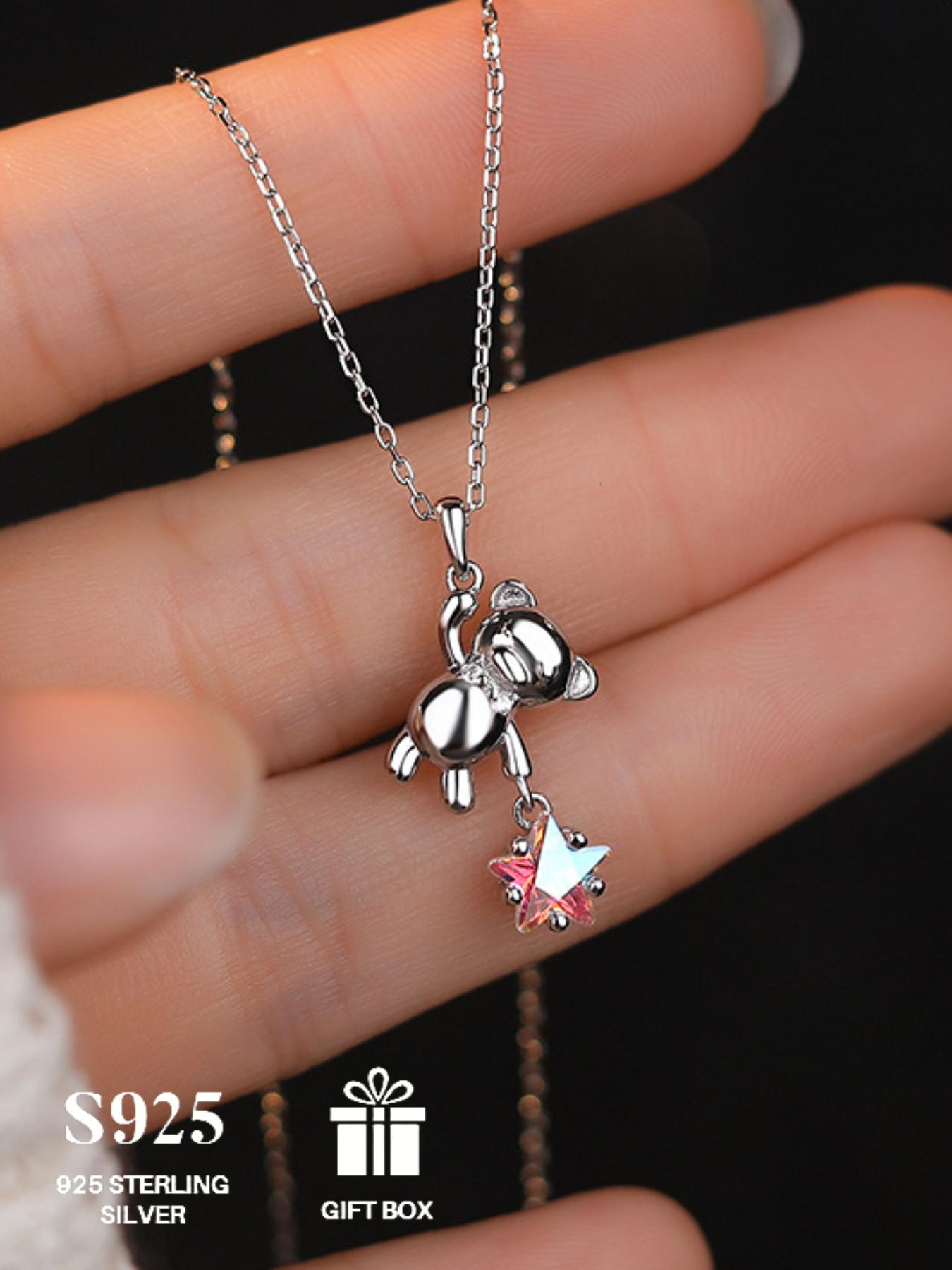 S925 Sterling Silver Cute Bear & Star Design Pendant Necklace, Animal Pendant, Fashion Jewelry for Party, Daily Decor, Trendy All-match & Exquisite Jewelry for Birthday Gift