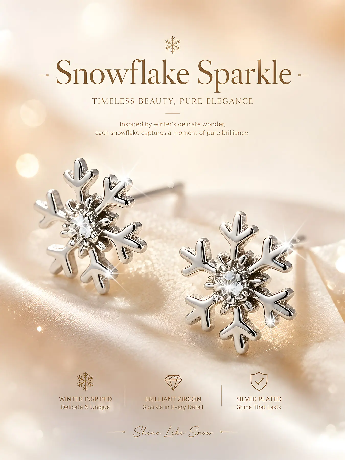 Elegant Snowflake Zircon Earrings for Women, 925 Silver Color, Hypoallergenic, Fashionable Daily Wear, Perfect Gift for Friends and Holidays