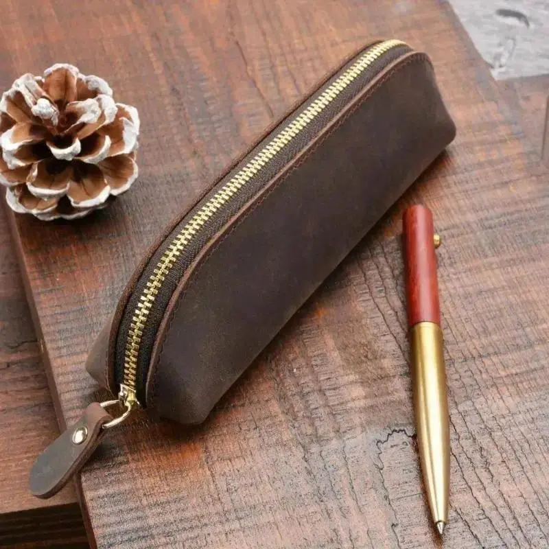 Vintage Leather Pencil Case, Handmade Cowhide Craft Stationery Organizer, 18cm Portable Zippered Pouch for School & Office Supplies, Handmade Craft, Approx 18Cm/7.09Inch, Portable Stationery Organizer