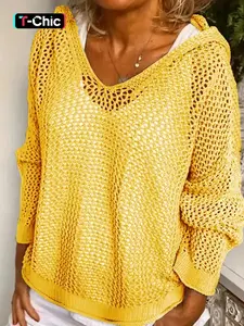 Women's Knitting Hoodie Pullover Sweater, Hollow Out Design Mesh Knitwear, Long Sleeve Loose Fit, Casual Fashion Top for Fall & Winter