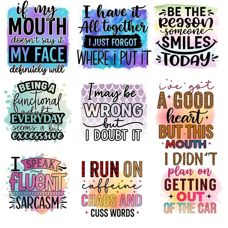 9 Pack Iron On Patches Humorous Quotes with Colorful Backgrounds and Fun Fonts Iron on Applique Crafts for Clothes T-Shirts Jeans Bags Hats Pillows Reusable Washable for Casual Style