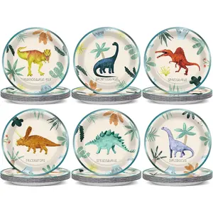 60 PCS 7 Inch Dinosaur Theme Paper Plates Colorful Watercolor Dino Design Dessert Plates for Kids Birthday Party Baby Shower Summer Party Decorations Supplies