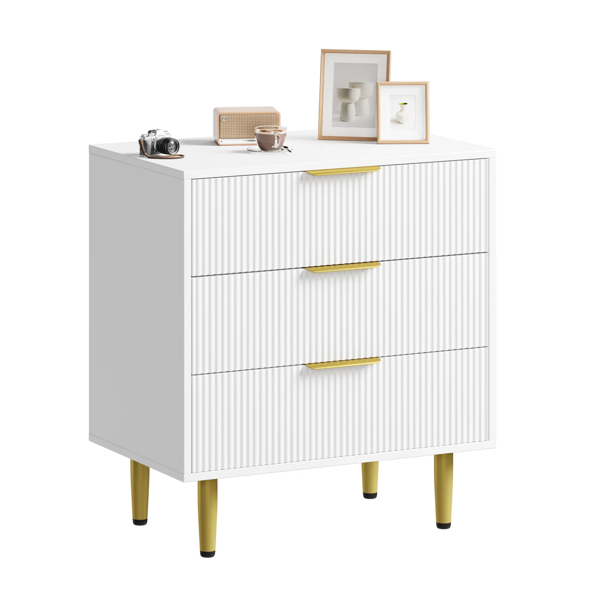Modern Fluted 3 Drawers Dresser – Wooden Chest of Drawers, Golden or Metal Handles & Legs – Wide Storage Organizer for Bedroom, Living Room, Hallway & Entryway, Black/White/Green/Wood