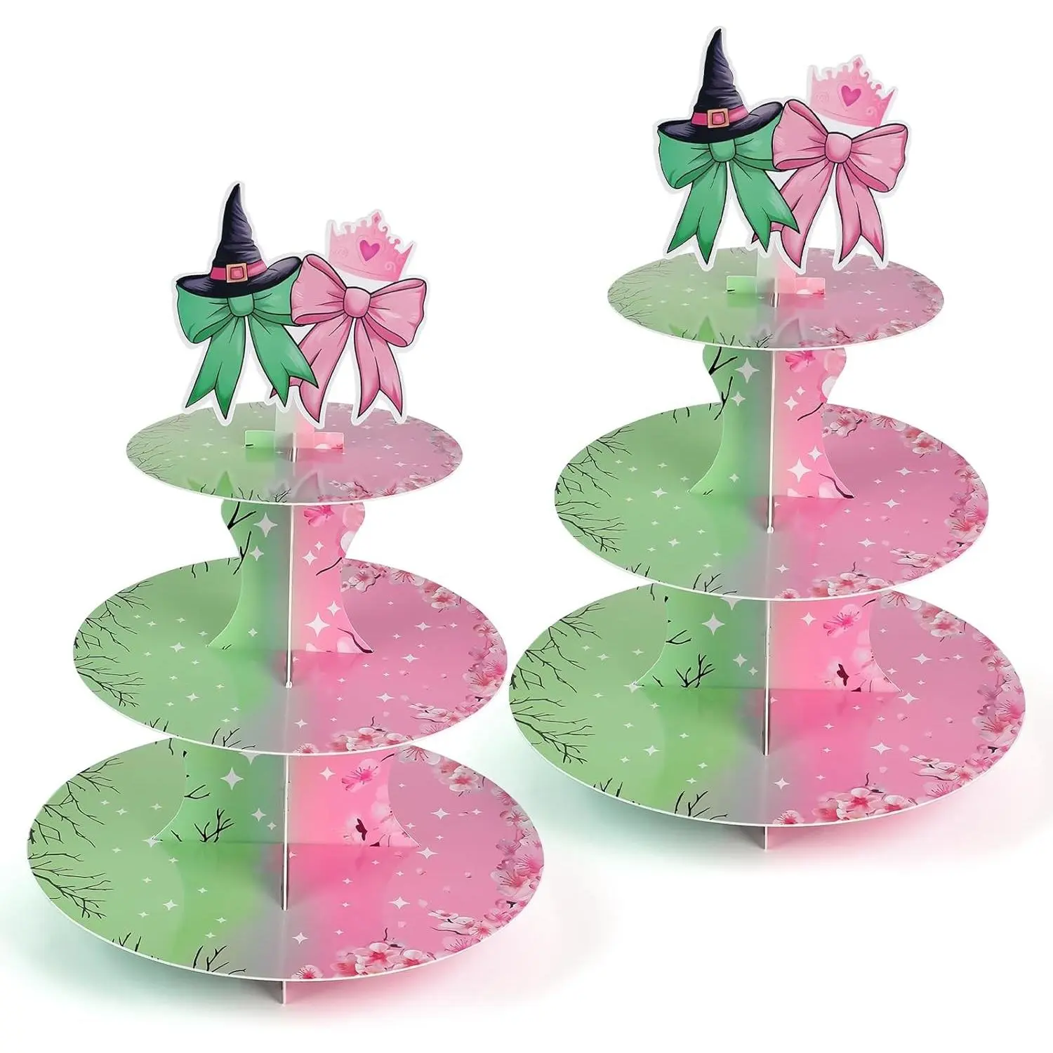 2-Pack Colorful Multi-Tier Witch-Themed Cardboard Cupcake Stands, Halloween Food Decor Ornaments for Wicked Birthday Party Supplies, Baby Shower Cupcake Holder Towers
