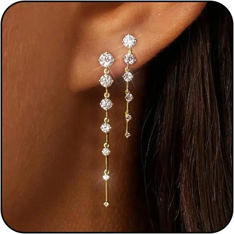 Lunvky 14K Gold Plated Dangle Earrings for Women Dainty Silver Drop Earring Trendy Long Dangling Wedding Bridesmaid Hoop Diamond Crystal Cute Earring Prom Jewelry Graduation Gifts