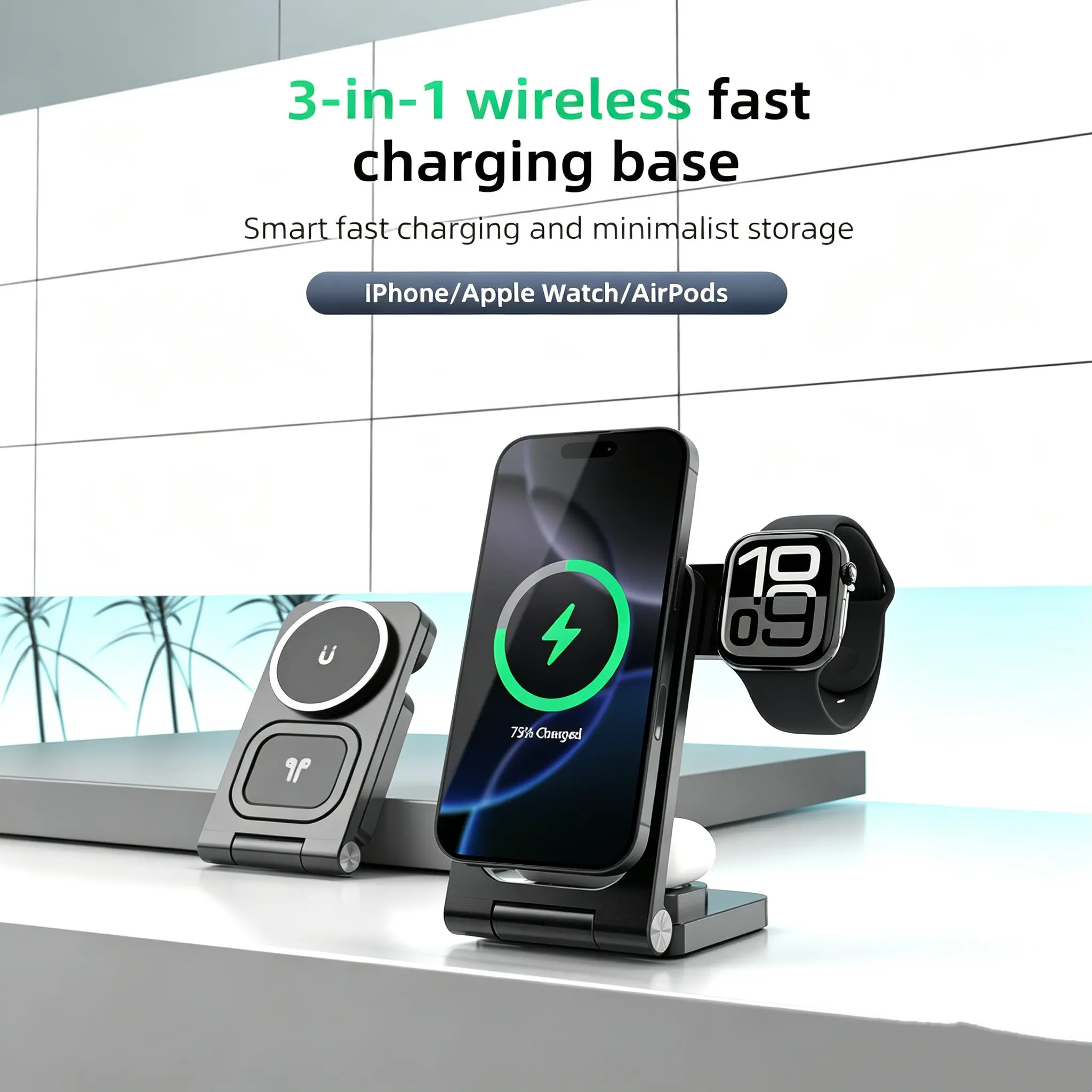 Magnetic 3-In-1 Fast Wireless Charger, Foldable & Portable, Compatible with iPhone 17/16/15/14/13/12 Pro Max, Iwatch, AirPods