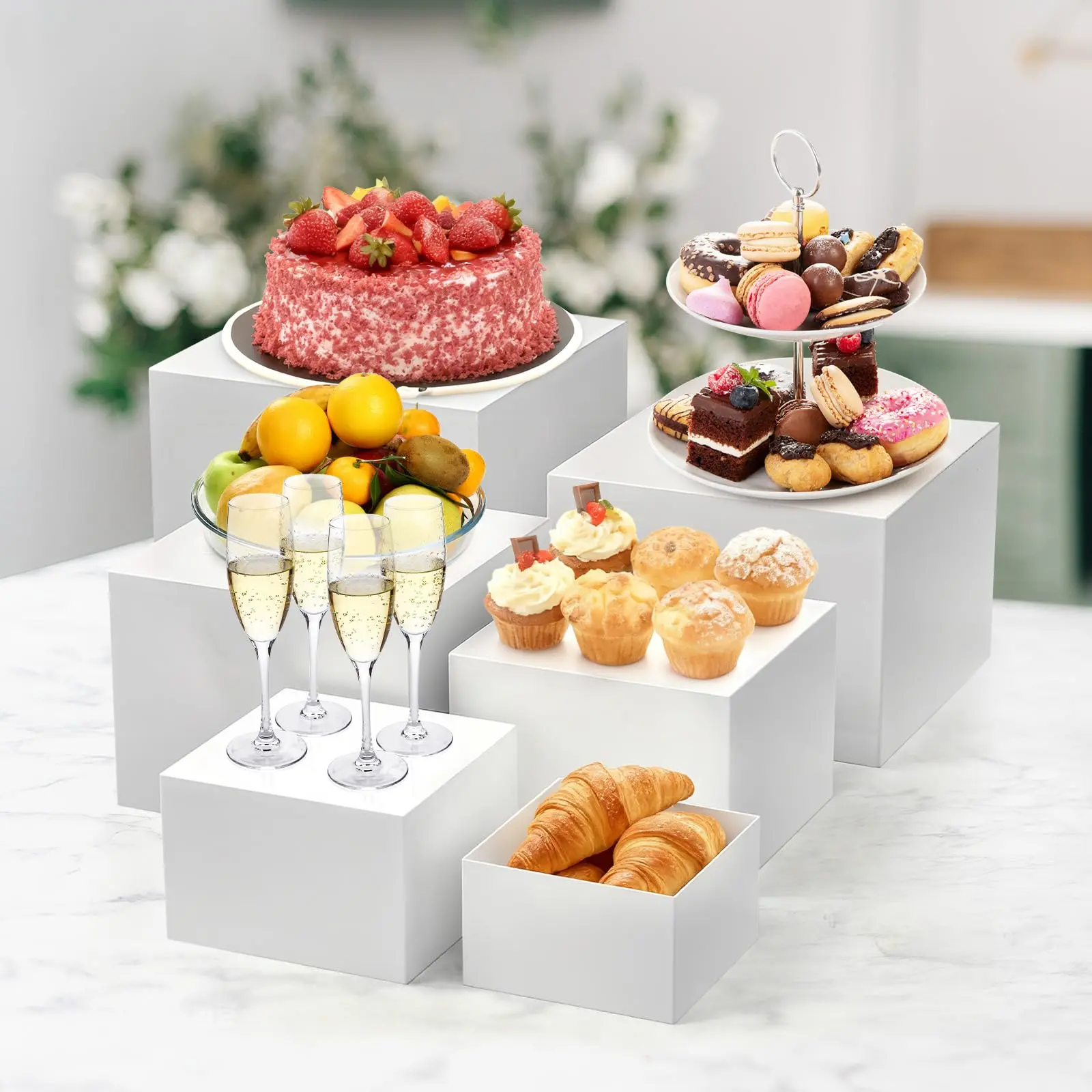 6 Piece Buffet Risers Display Stand for Party, White Acrylic Cube Food Riser with Hollow Bottom, Cupcake Dessert Stand Nesting Storage Box for Catering, Jewelry & Collectibles