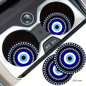 A Set of Two Blue Evil Eye Car Coasters Designed for Cup Holders, Featuring a Universal Non-Slip Design, Perfect for Both Male And Female Drivers
