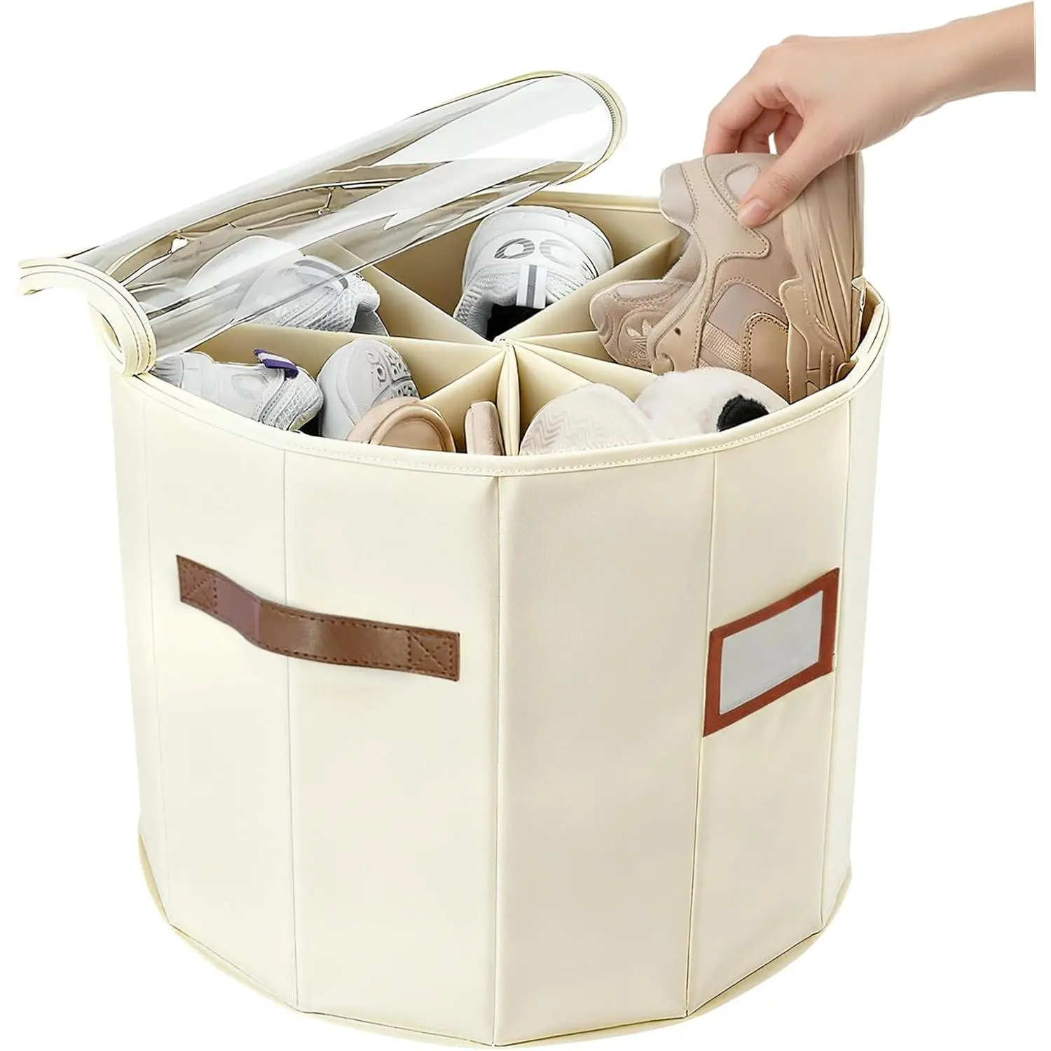 Round Shoe Organizer - Closet Shoe Basket for Entryway and  | Foldable,with Clear Lid,Small Spaces Shoe Containers,16.9"×13.0" Beige