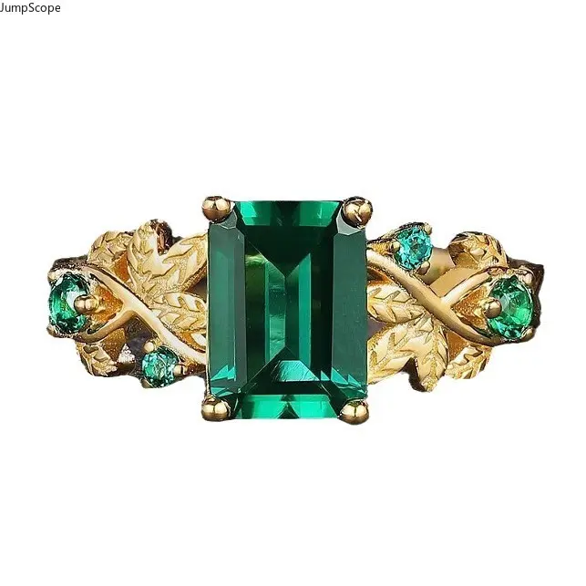 Women's Emerald Green Twisted Vine Leaf Solitaire Stone Wide Face Ring - MDF+Steel, Wedding & Formal Occasion Jewelry, Vintage Outfit Accessory, Formal Wear, Female, Leaf Accents, Twisted Vine Leaf Accent