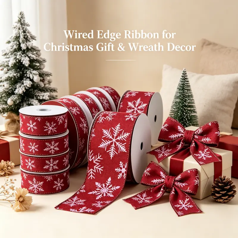 Bright Red Fabric Base Red White Snowflake Wired Ribbon - 2.5 in, 10Y/Roll, Winter Christmas Craft Ribbon for Home Decoration, Bouquet, Gift
