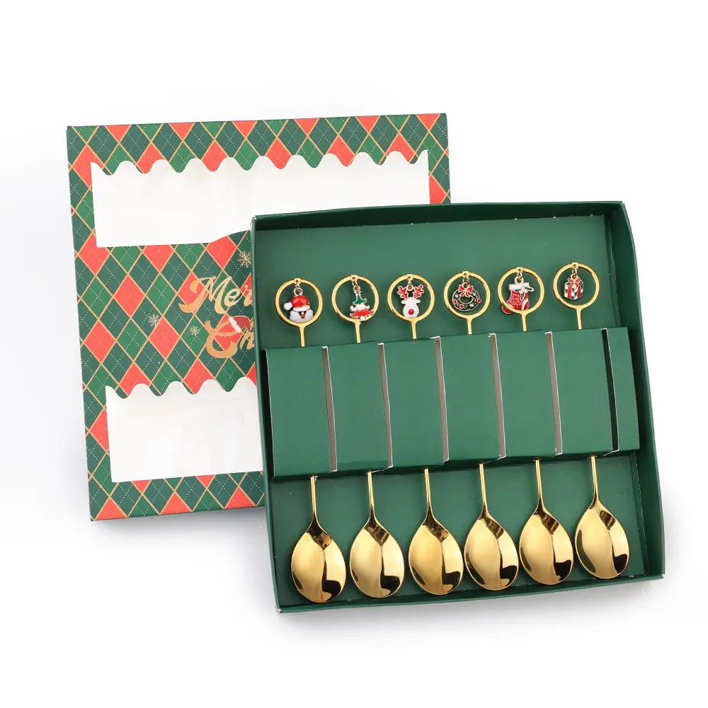 6Pcs Christmas Decorative Spoons, Stainless Steel, Reusable Coffee Tea Dessert Stirring Spoons, Santa Snowman Tree Star Design for Kitchen, Home, Office, Christmas Party, Holiday Gift