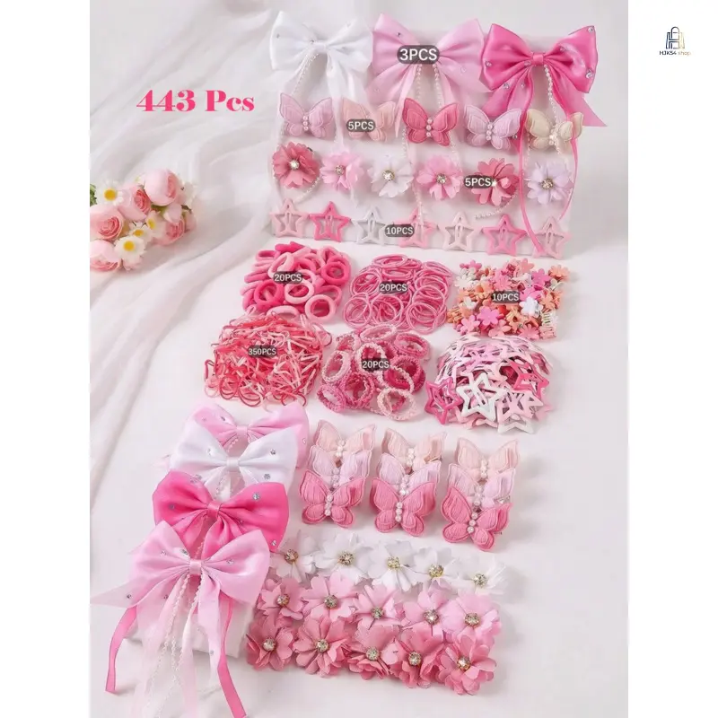 443-Piece Synthetic Girls' Pink Hair Accessory Set - Pearl Butterfly Clips, Elastic Hair Ties, Scrunchies, Bang Barrettes, Soft Grip, Lightweight, All Match, All Seasons, Daily School Casual Hairstyle Decor Supplies