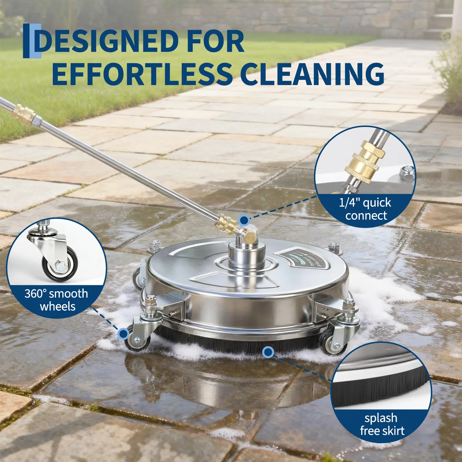 Garvee Stainless Steel 14 in Pressure Washer Surface Cleaner Attachment - 4-Wheel Rotary Patio, Sidewalk, Deck & Driveway Cleaning Head