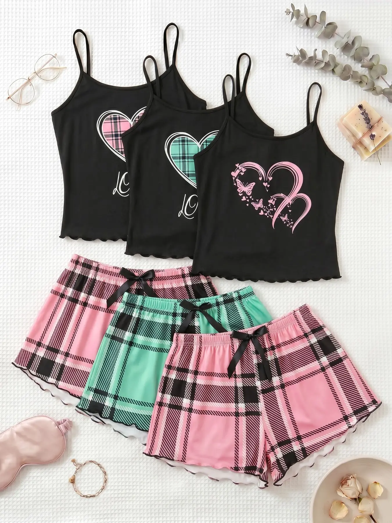3-Piece Set, Plaid Heart Print, Sleeveless Top + Shorts Women's Pajamas, Cozy Home Wear, Loungewear, Slim-Fit, All Seasons, Pjs, Nightwear
