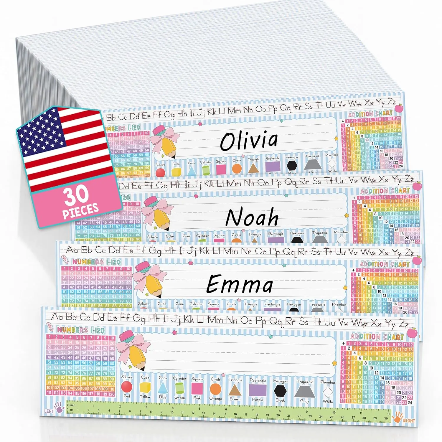 Desk Name Plates 30-Pack Bold Stripes Alphabet Print Nametag Labels, 4x14 in Student Decor for Elementary Kids, Back to School Teacher Office Stationery Supplies (1st-3rd Grade)