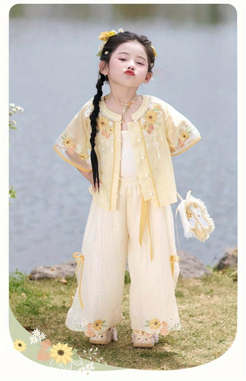Xingkui Girls' Outfit New Chinese Hanfu 2025 Summer Latest Super Cute Tang Dress Fashionable Summer Attire for Back to School, Chinese Size, Please Check The Size Guide Carefully