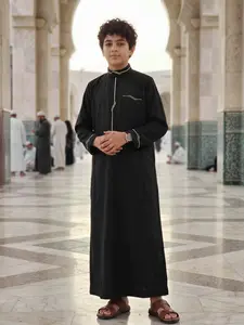 Muslim Boy Traditional Thobe, with Embroidery, Stand Collar, Button Design, Side Pockets, Ages 8-12, Casual/formal/eid