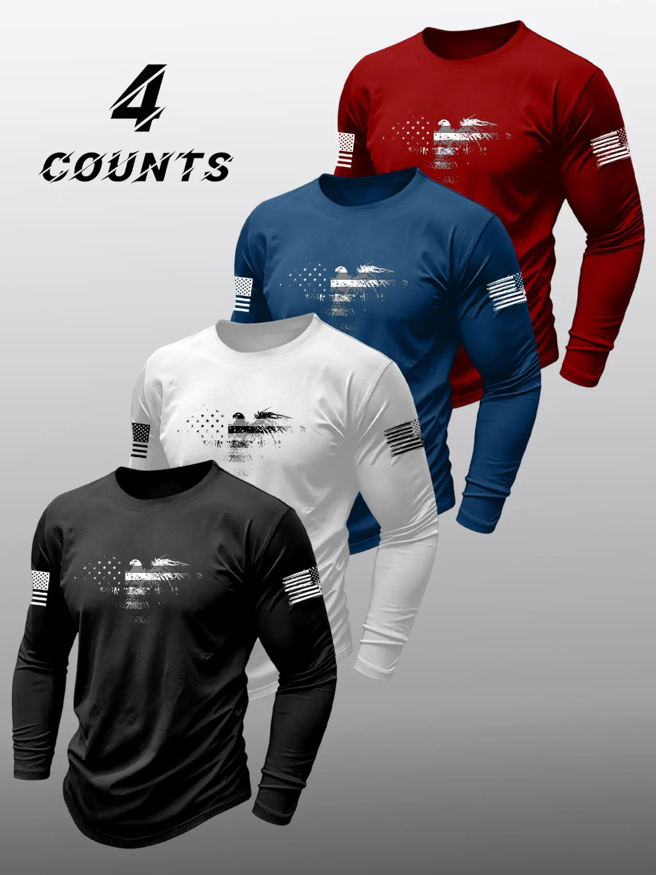 Men's Long Sleeve Round Neck Casual Classic Patriotic Print T-Shirt, Skull Flag Style Pattern, Comfortable Daily Wear, Four-Piece Set