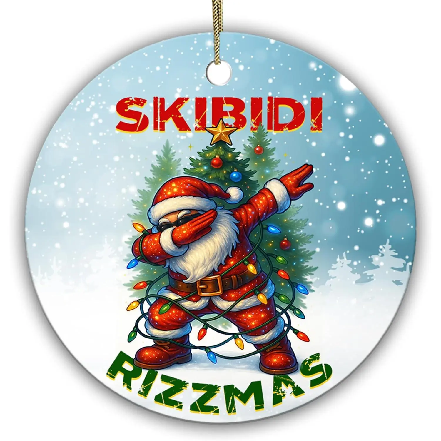 Skibidi Rizzmas Christmas Ornament 2026, 2.9" Round Ceramic | Santa Wrapped in Lights, Cool Gen Z Meme Holiday Decor, Trendy Santa Rizz Tree Ornament,  for Teens & Youth