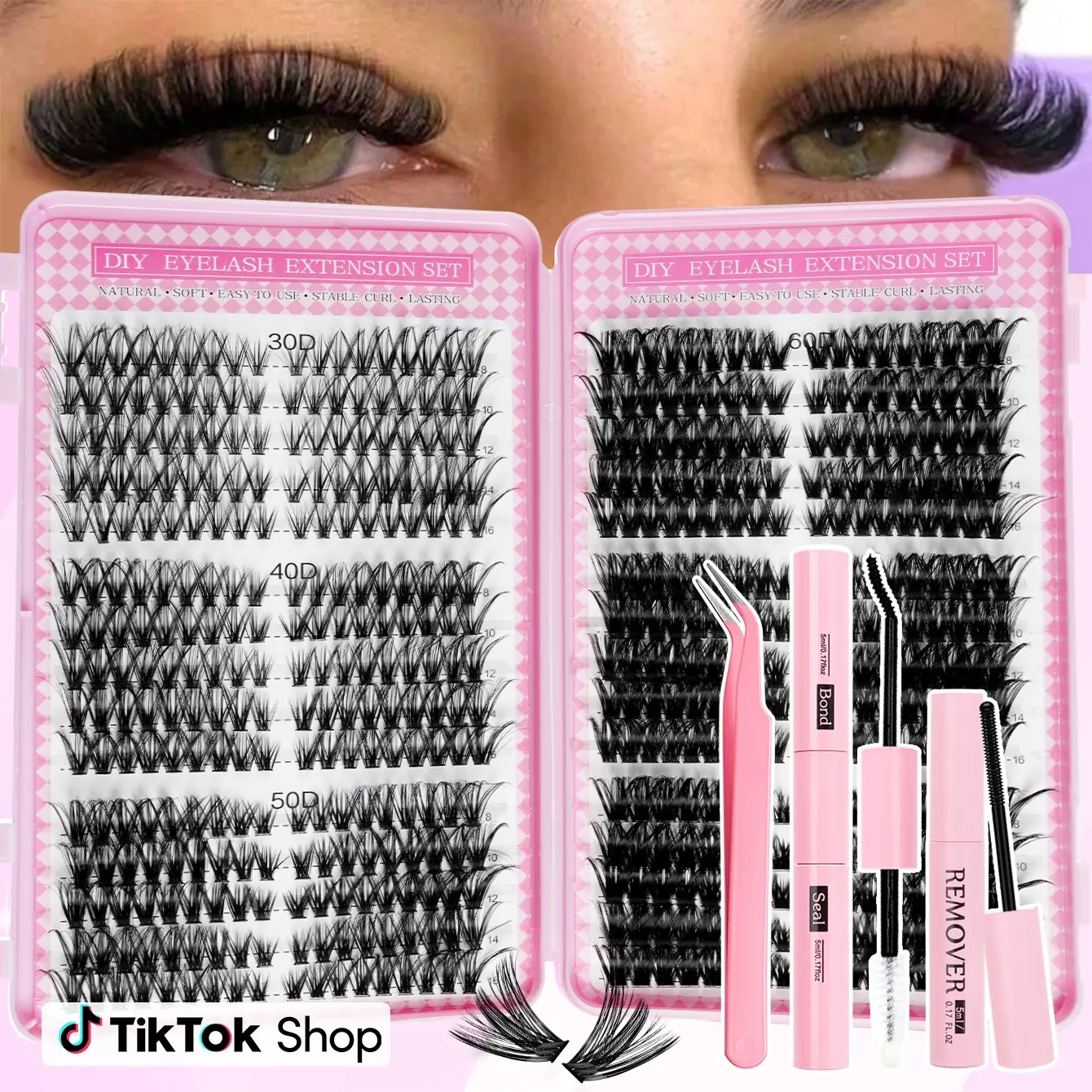 Surprise DIY False Eyelash Extension Kit, Natural Look with Dense Effect, Home Use Curled Lashes, Non-Toxic Patch Style