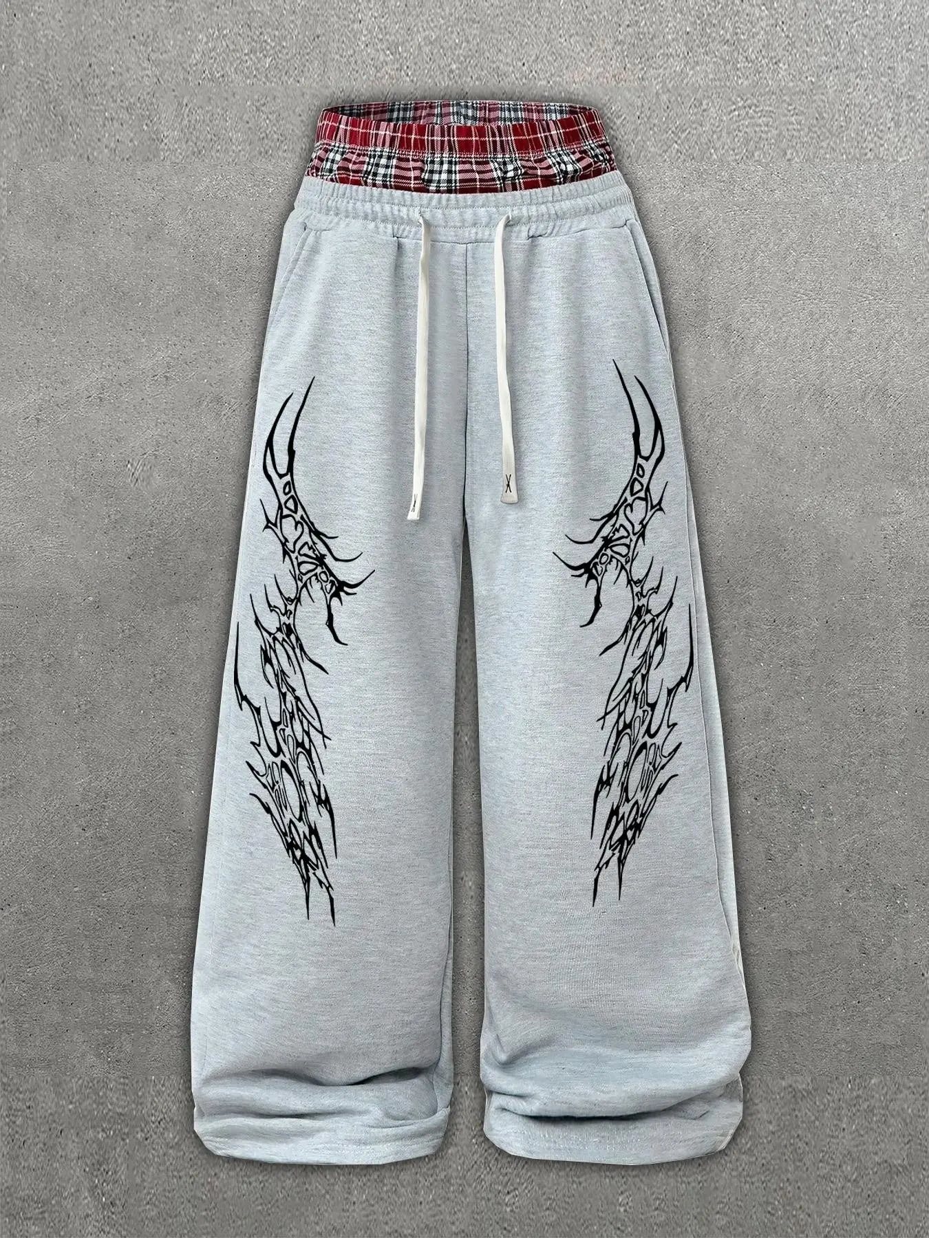 Trendy Street Style Plaid Two-Layer Waist Drawstring Loose Fit Joggers, Symmetrical Graphic Print, Unisex, Comfortable Daily Wear, Versatile Fashion