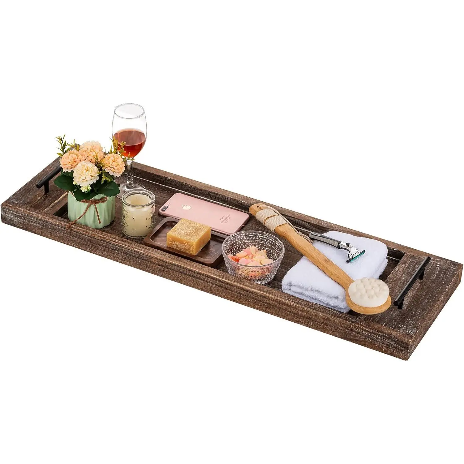 31" Extra Large Rustic Wooden Bathtub Tray Bath Caddy, Wood Bathtub Shelf Across Tub, Serving Tray with Handles for Bathroom