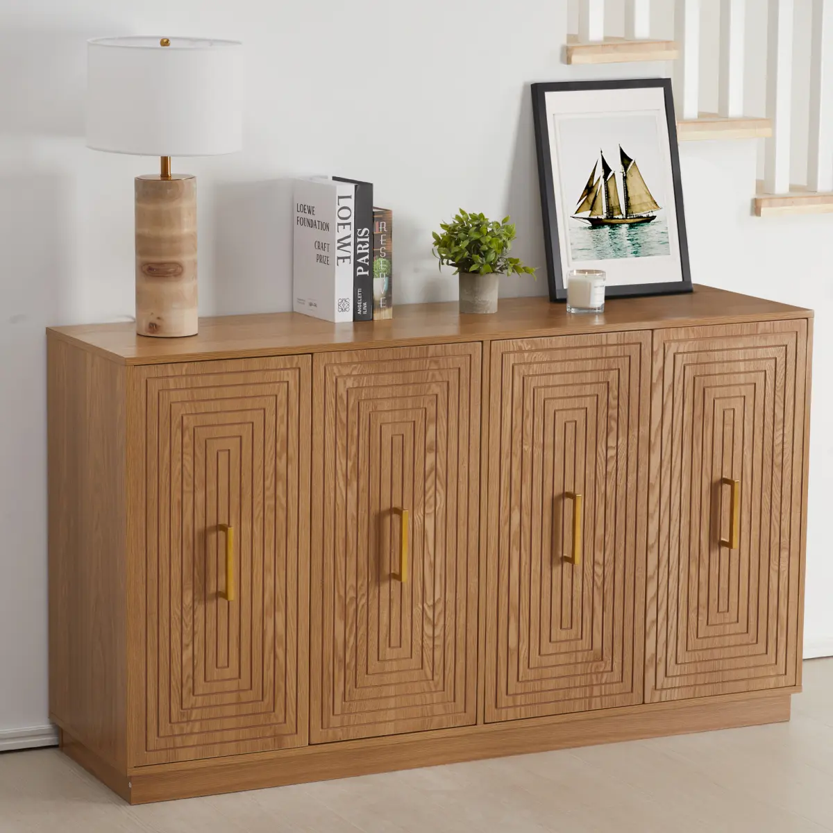 [Bellemave]60'' Large Buffet Cabinet with Doors and Adjustable Shelves, Modern Fluted Sideboard, Wood Credenzas Coffee Bar Cabinet for Kitchen, Dining Room, Living Room, Oak On-Site
