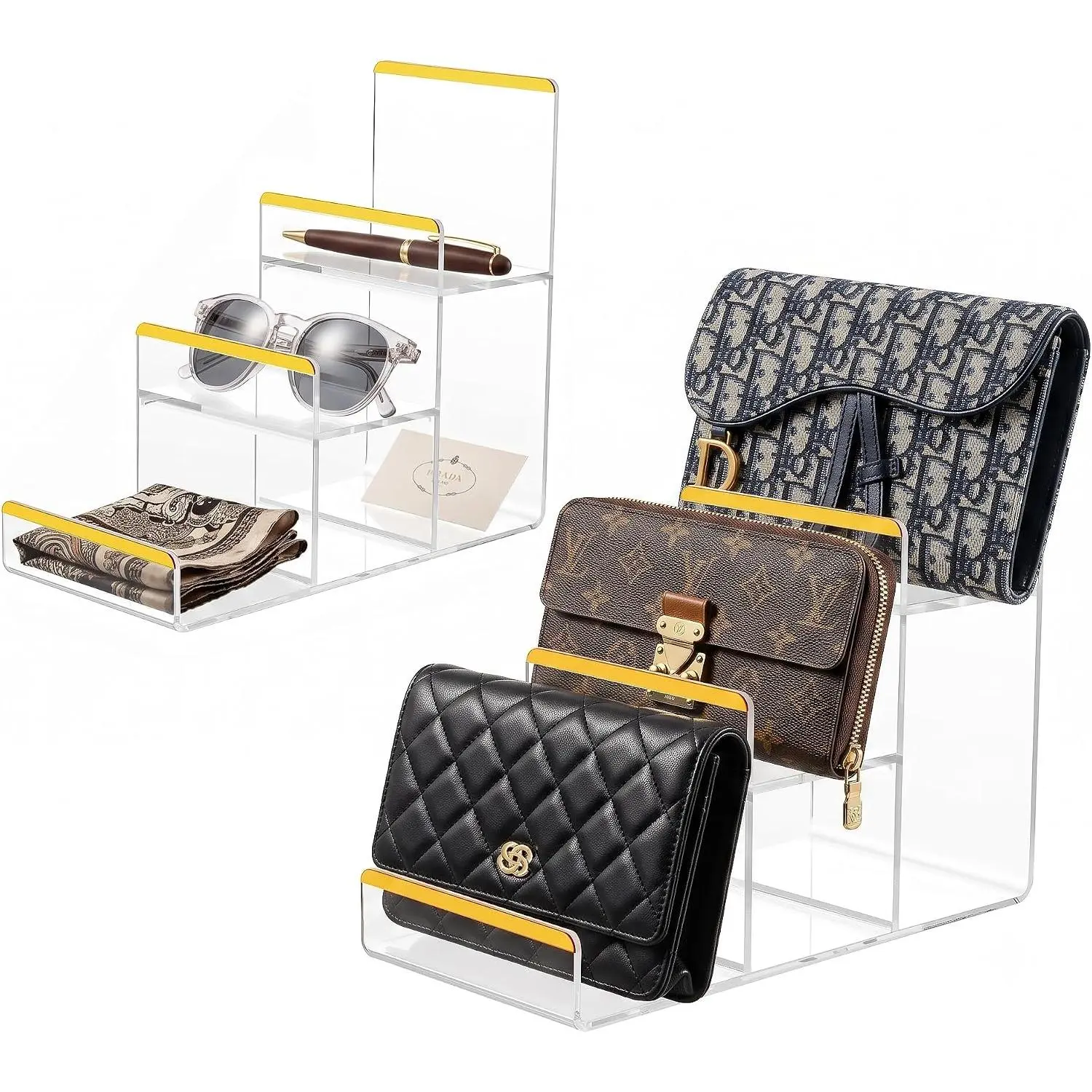 2.7" Spacing  Wallet Display Stand with  Trim, 2 Pack 3-Tier Clear Sunglasses & Clutch Display Riser, Office Desk Countertop Organizer Rack for , Perfume, , Eyeglasses
