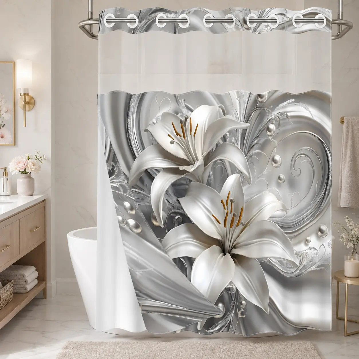 1 Piece No Hook Double Layer Shower Curtain, Pretty Shower Curtain, Luxury Silver Lily Print Bath Curtain, Waterproof, Mildew Resistant, Durable Fabric, Home Decor, Removable Liner, Top See-Through Window, Partition Curtain 71"×74