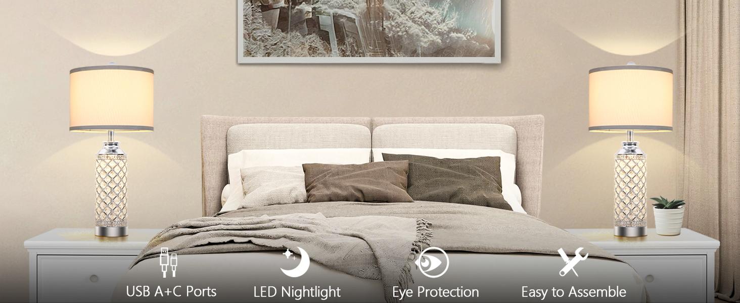 Table Lamps Set of 2 with LED Night Light, Nightstand Lamps with USB A+C Charging Ports, 24 inch Silver Crystal Bedside Lamps for Livingroom, Office, Study Room, Guest Room