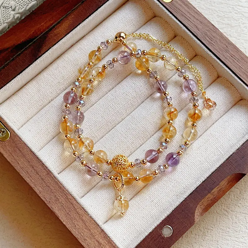 Women's Dainty 2-Layer Natural Citrine & Amethyst Round Bead Stackable Bracelets, Gold Hollow Filigree Ball Charm, Adjustable Extension Chain, Wealth Luck Crystal Jewelry Gift