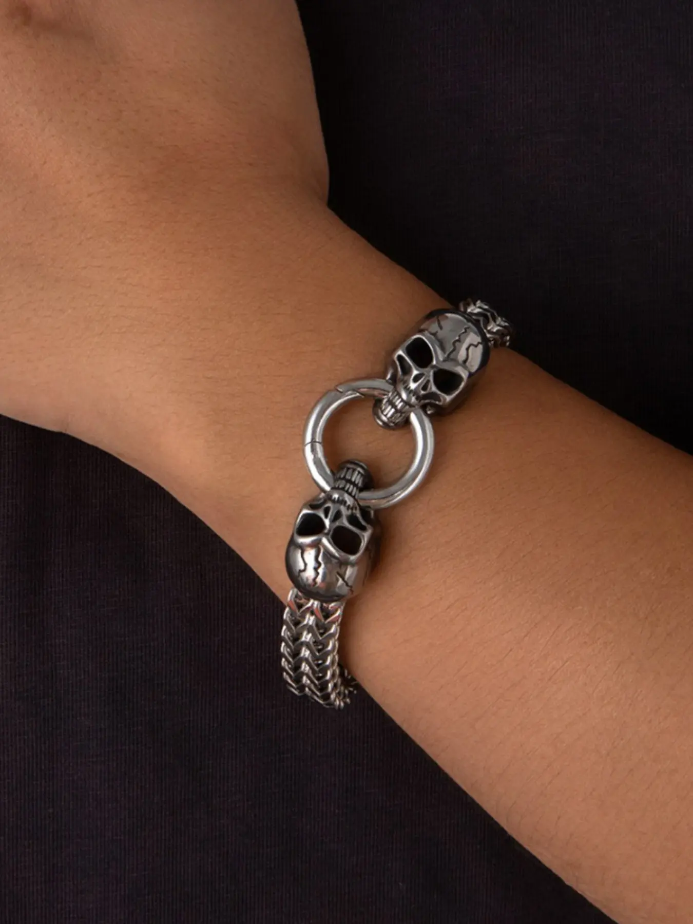 1pc North European Style Stainless Steel Dual Skull Men's Bracelet, Retro Punk Mesh Chain, Hip Hop Rock Jewelry, Halloween Gift