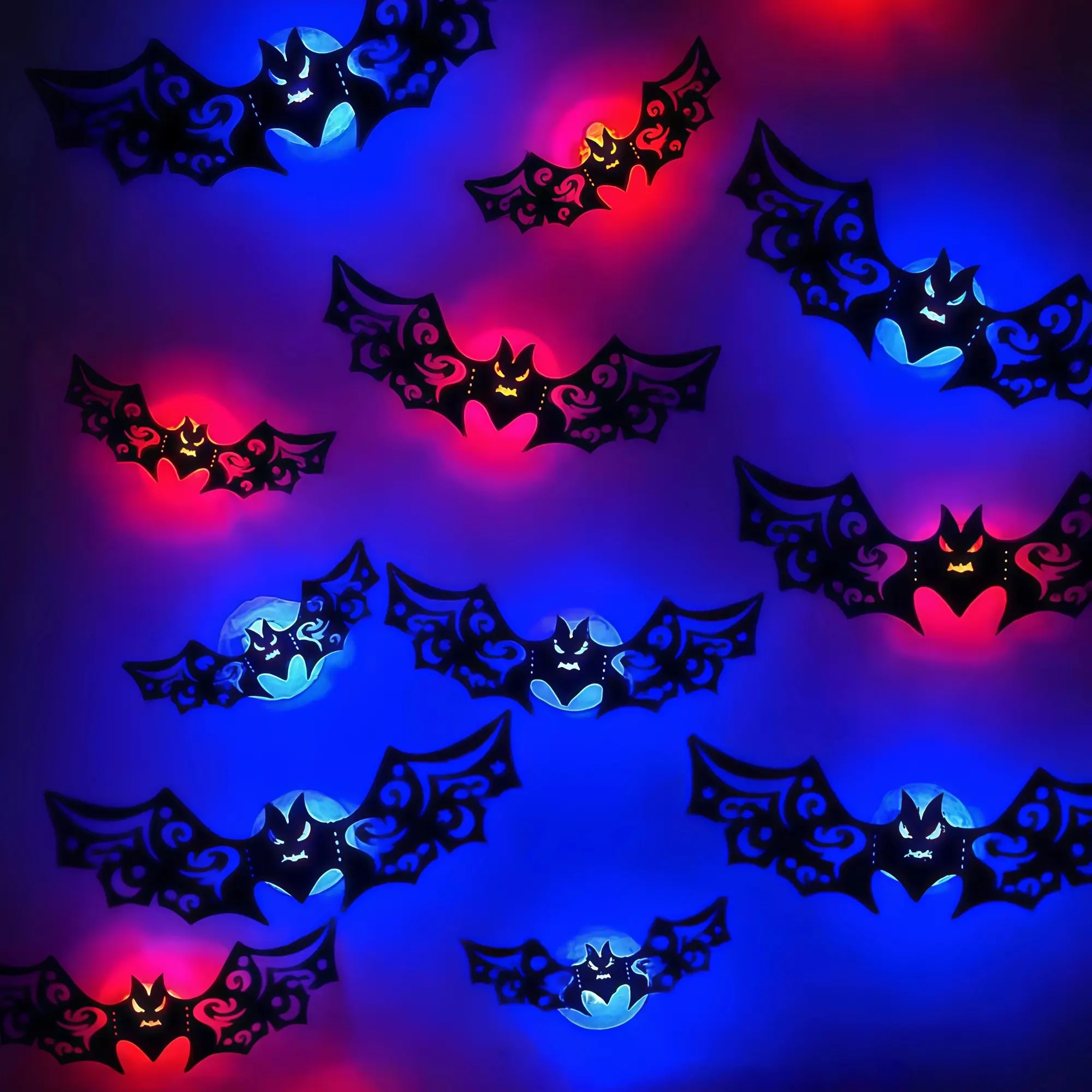 8/12 Pack Halloween LED Light Up Decorative Wall Clings, Bat Pumpkin Witch Spider Multi Shapes, Red Blue Flash Removable Window Door Stickers, DIY Spooky Decor for Bathroom Bedroom Indoor Outdoor Haunted House Halloween Party