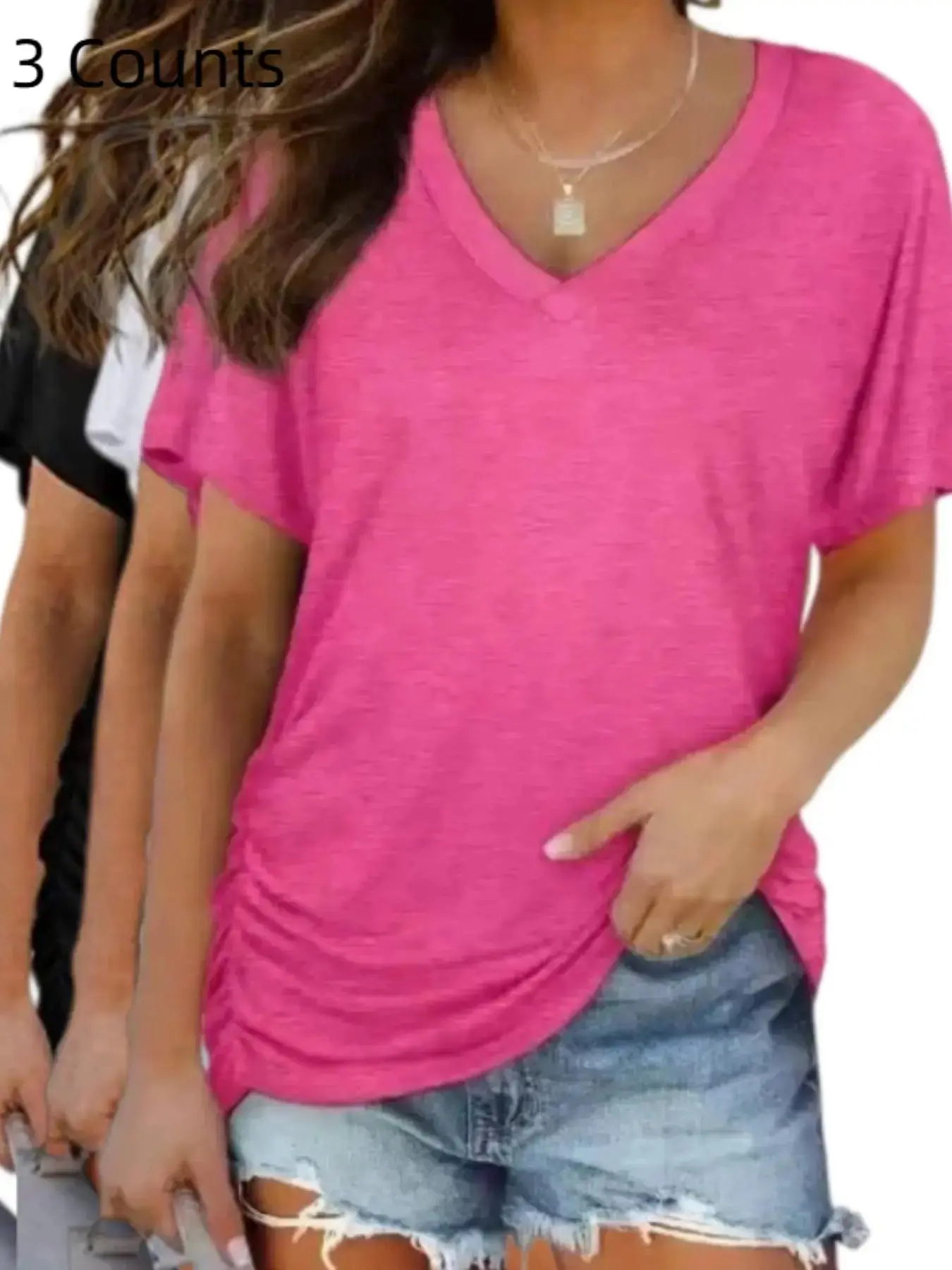 2026 Women's Short Sleeve V Neck Dolman Top, Side Shirring Loose Fit Shirt, Trendy Casual Wear for Everyday, Daily & Special Occasions