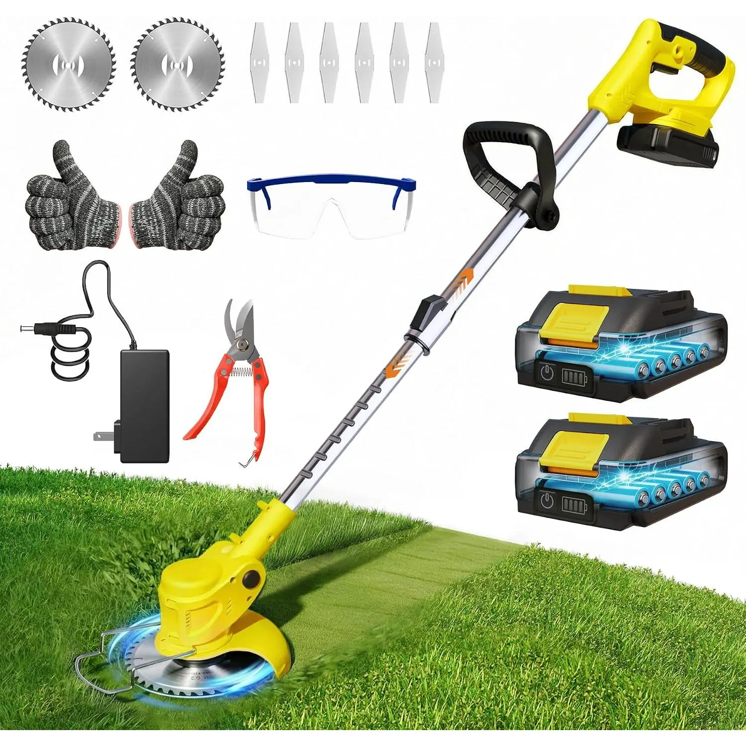 Cordless Weed Wacker Brush  21V Lightweight Electric Weed Eater | 2x 2.0Ah   Weed Trimmer for Small Yard Lawn Edger and Garden Tool for Seniors Women - Yellow 6Inch