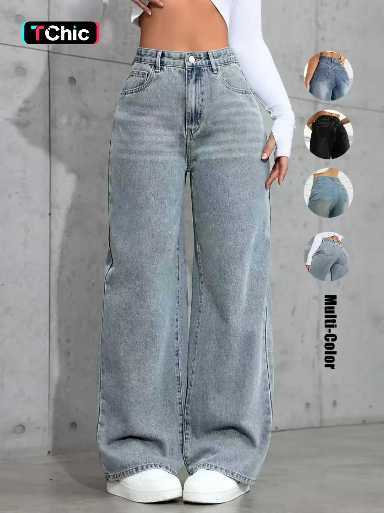 Women's Fashion Chic Minimalist High Waist Wide Leg Washed Denim Jeans, Comfortable Fit Pants for All Seasons, Womenswear
