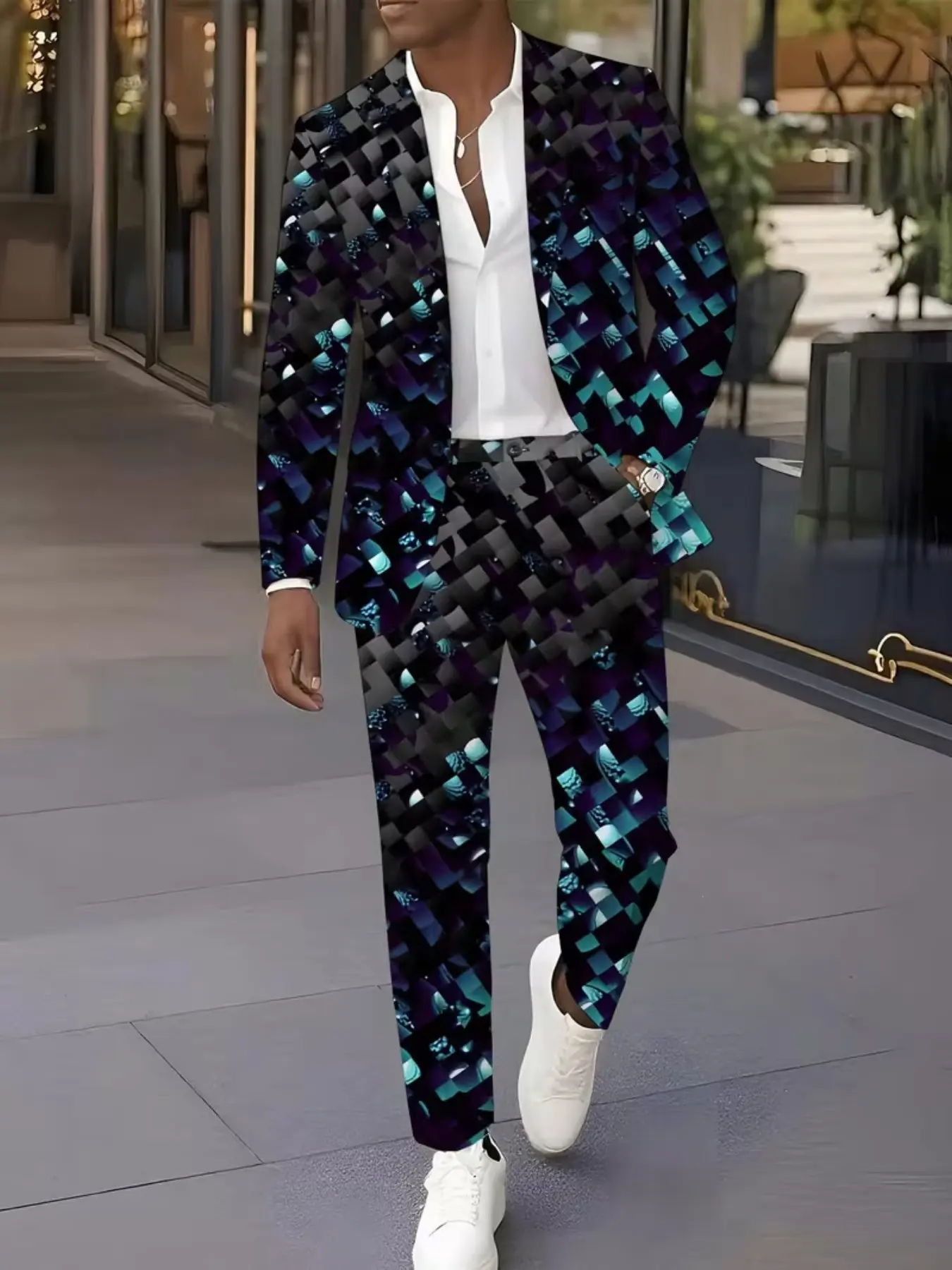 Men's 2‑Piece Suit Set, Cyber Geometric Pixel Block Print Blazer & Pants, Nightclub Party Stage Outfit