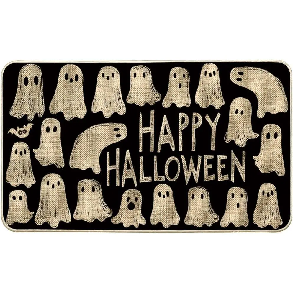 Halloween Classic Retro Ghost Motif Doormat - Multi-Size Mats (24x16in/32x20in) Low-Profile Anti-Slip Grip Rubber Base, Durable Dustproof Machine Wash Indoor Outdoor Home Decor Rug